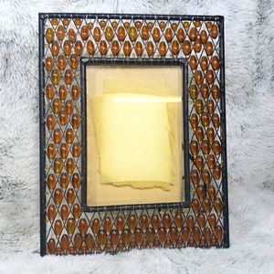 Vintage Metal Picture Frame Boho 70’s Style Orange🧡Stones Beaded Glass